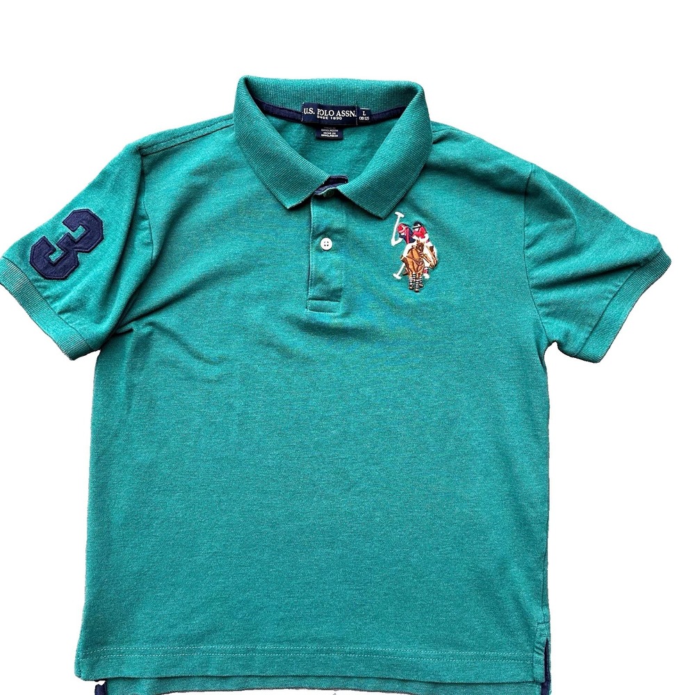 U.S. Polo Assn. Y (10/12) Green Polo Shirt L Short Sleeve Cotton Blend Knit Logo